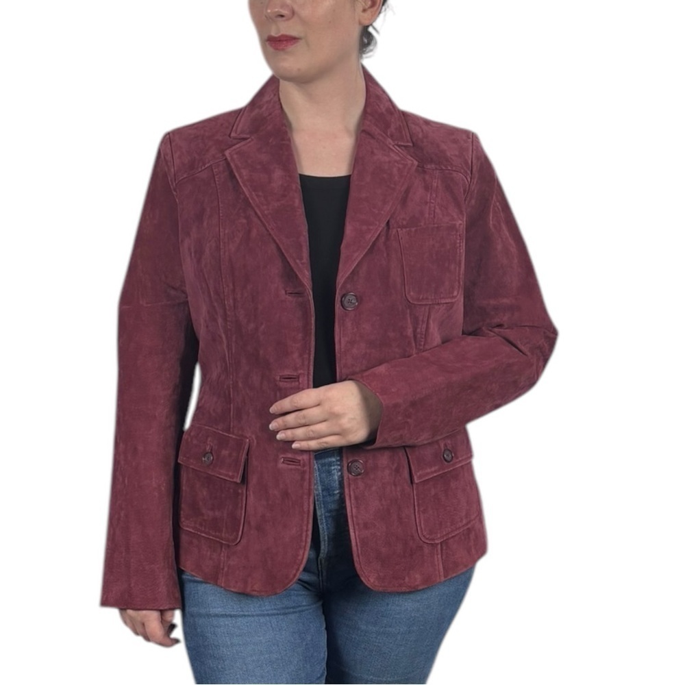 VINTAGE STYLE & CO RED SUEDE RETRO 70S BUTTON DOWN NOTCH COLLAR BLAZER JACKET